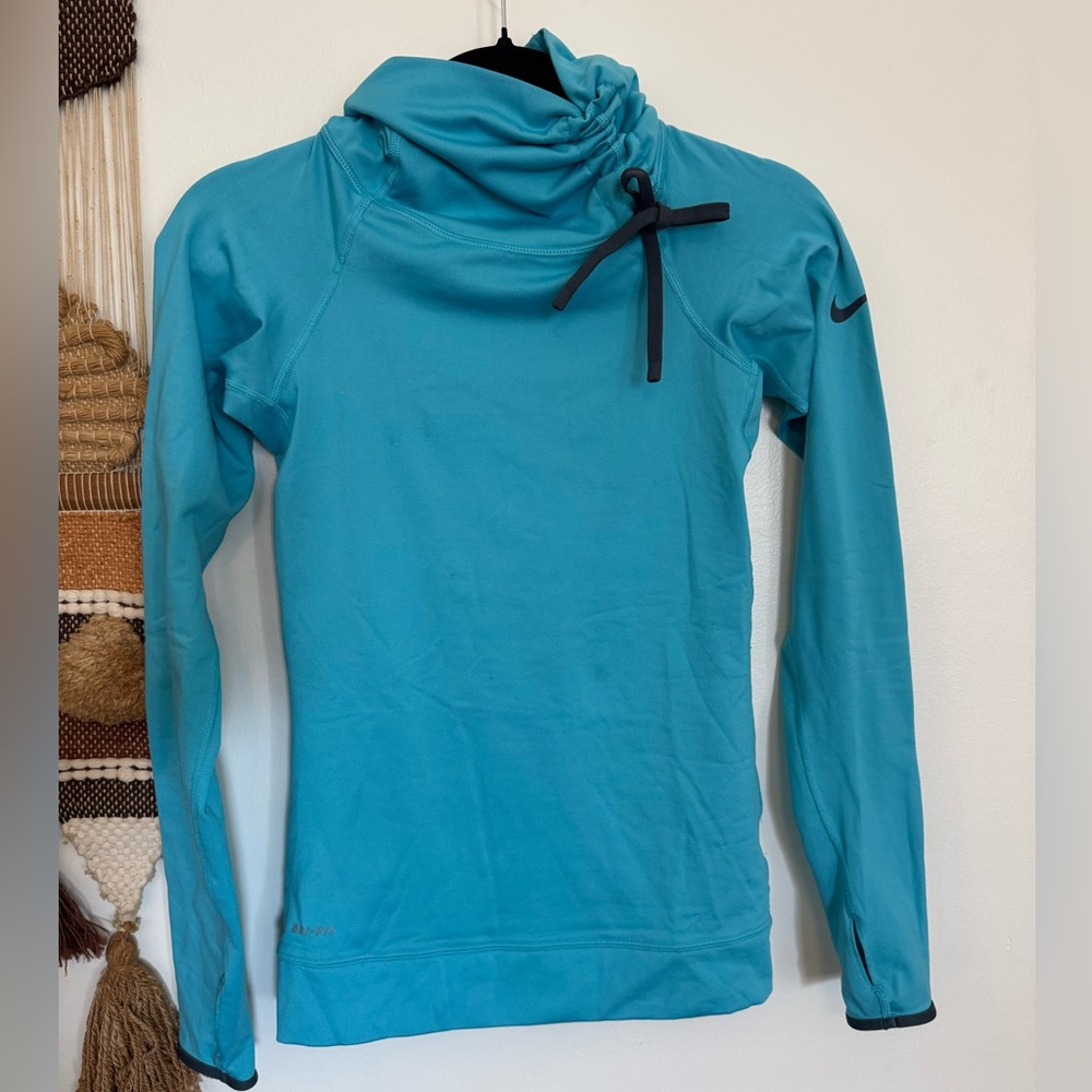 Nike Pro blue teal long-sleeve cowl neck running pullover Dri-fit